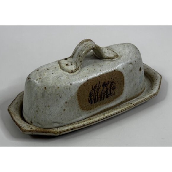 VTG Stoneware Butter Dish Wheat Accent Primitive Speckled Signed EUC - Picture 2 of 9